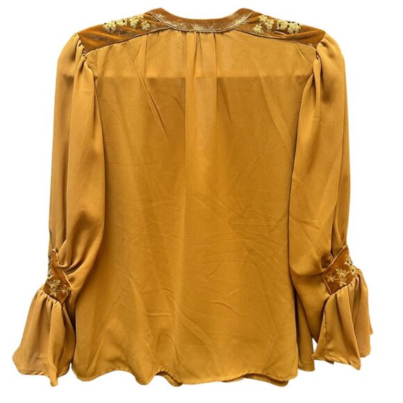 XOXO‎ Embroidered Velvet Accented Blouse Peasant Gold Flowy Glam Y2K Size S - Picture 5 of 7